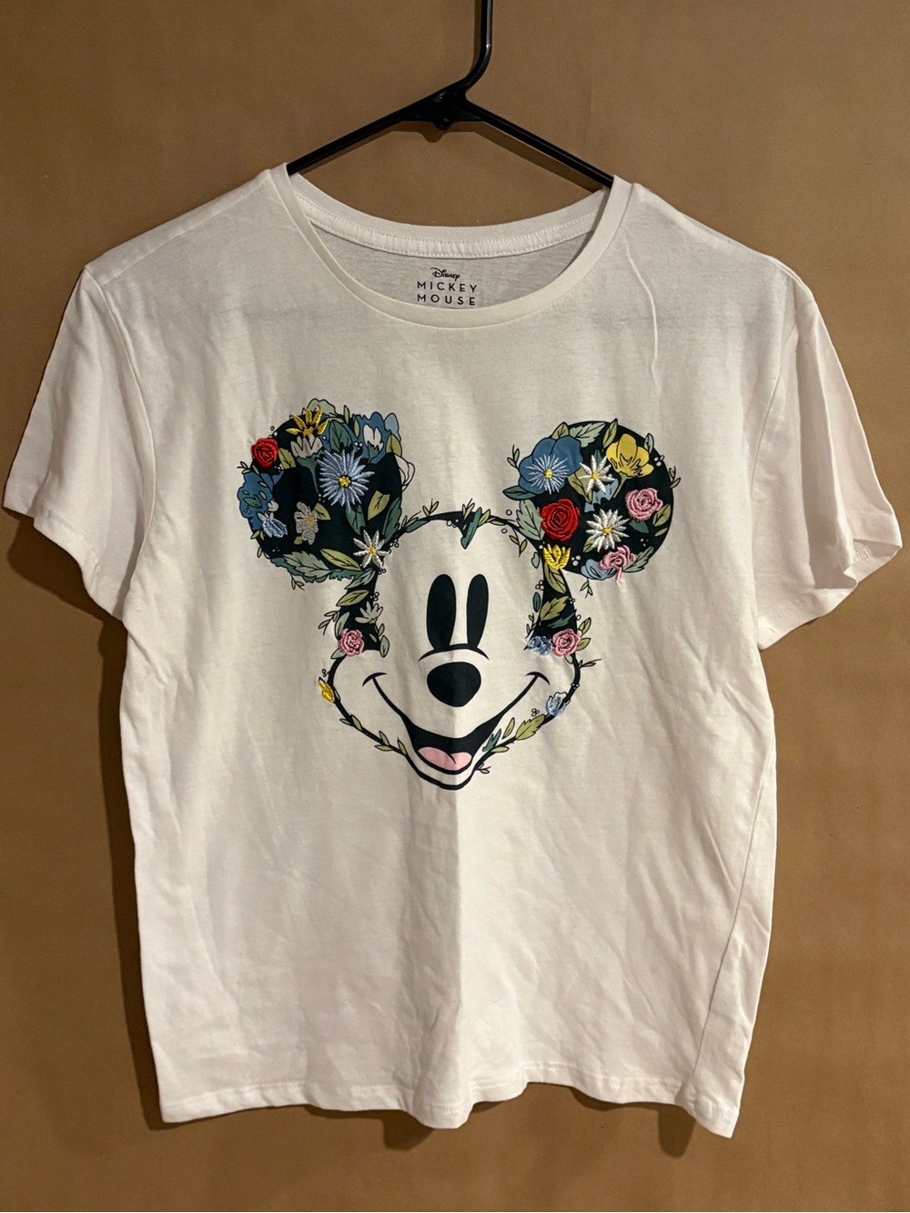 Disney Mickey Mouse Floral Embroidered T-Shirt Women’s M White